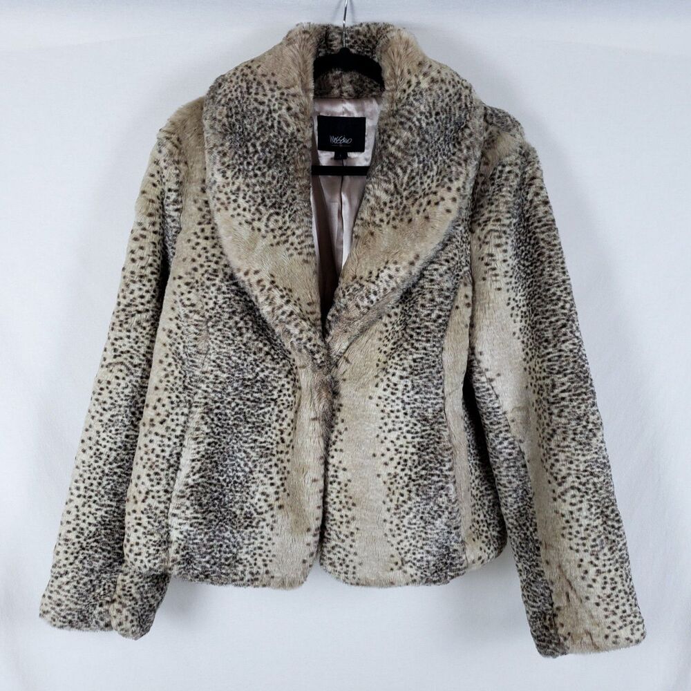 Mossimo Mob Wife Glam Cheetah Print Faux Fur Jacket Womens L Beige Plush